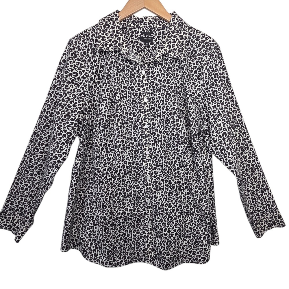 Talbots Black Animal Print Button Top Bouse Plus SZ 18W Wrinkle Resistant Office